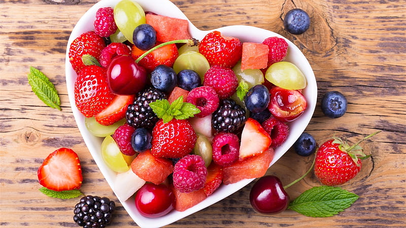 Fruit salad berries, love heart bowl, Fruit, Bowl, 3D, Abstract, Heart, Berries, HD wallpaper