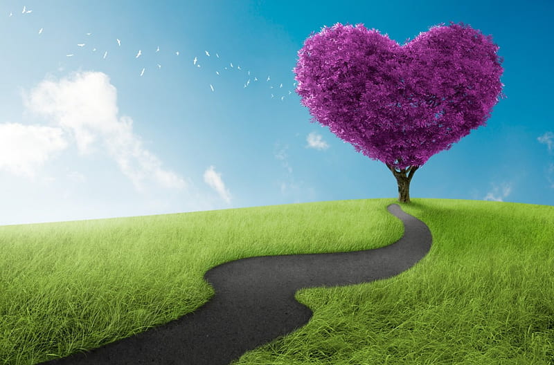Purple Heart Tree, tree, purple, abstract, love, HD wallpaper