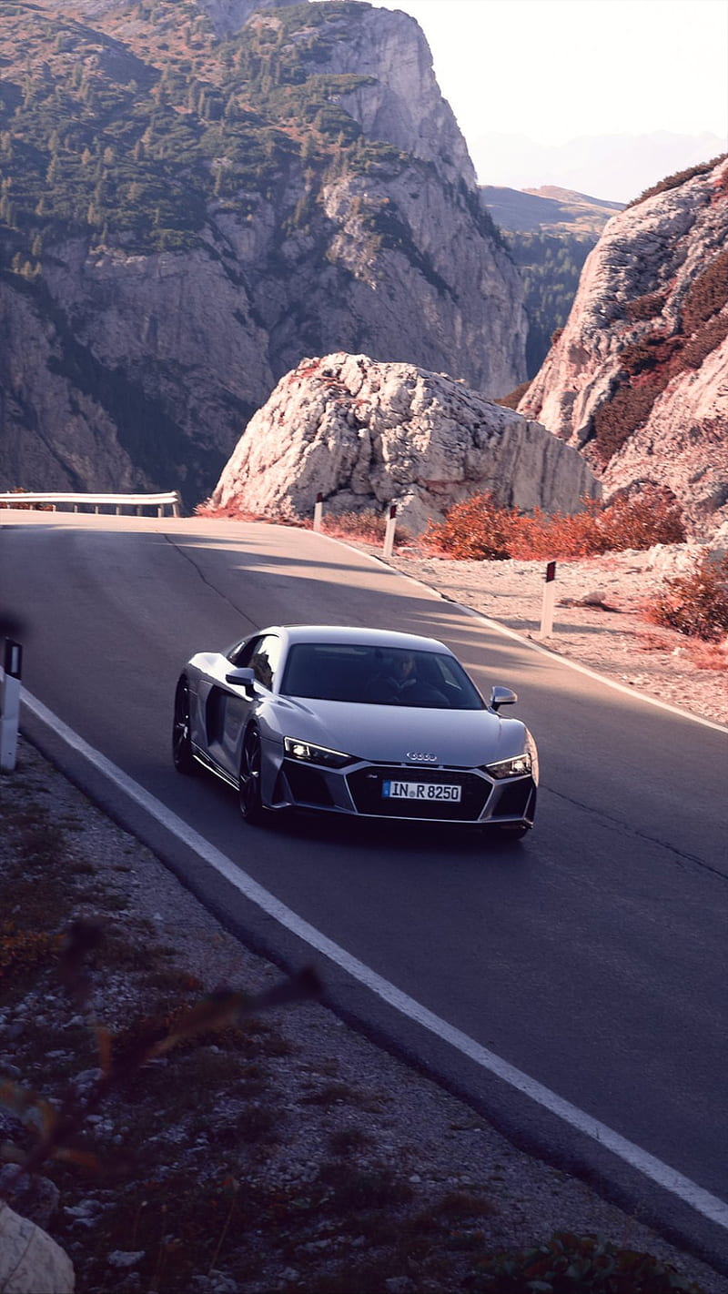 Audi r8 v10 plUs, audi r8, country side, mountain, mountain road, sunset, HD phone wallpaper