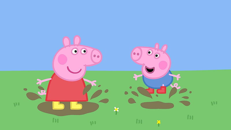 george pig and peppa pig are playing on grass in blue background anime, HD wallpaper