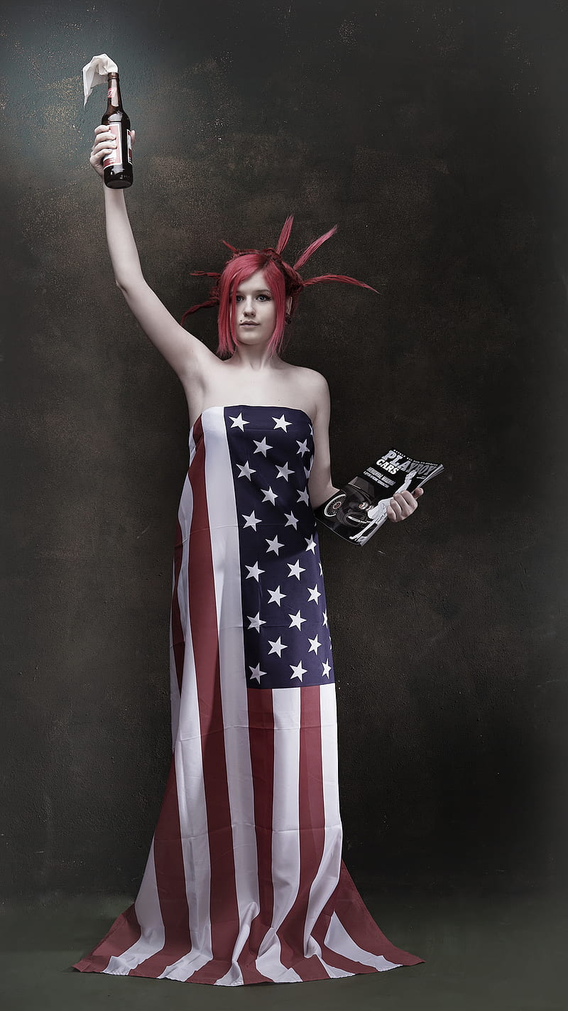 flag, Stars and Stripes, women, model, redhead, arms up, bare shoulders, Playboy, Molotov, HD phone wallpaper