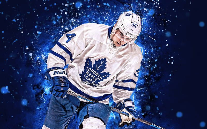 Auston Matthews, white uniform, Toronto Maple Leafs, hockey players, NHL, hockey stars, auston_matthews, hockey, neon lights, USA, HD wallpaper