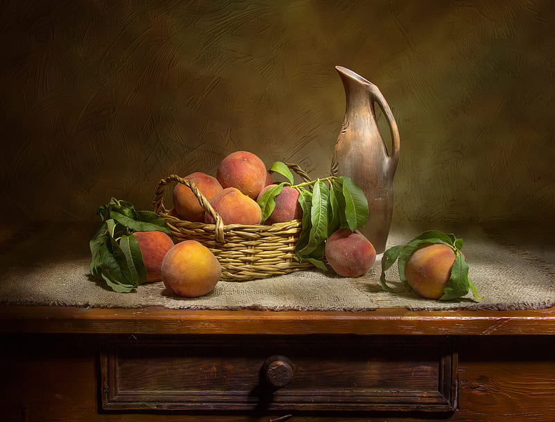 Food, Peach, Basket, Fruit, Pitcher, Still Life, HD wallpaper
