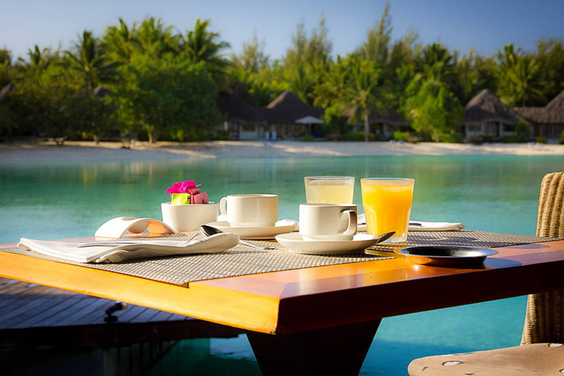 Breakfast at Bora Bora, polynesia, exotic, view, food, breakfast, eat, bora bora, paradise, coffee, dining, dine, island, tahiti, tropical, HD wallpaper