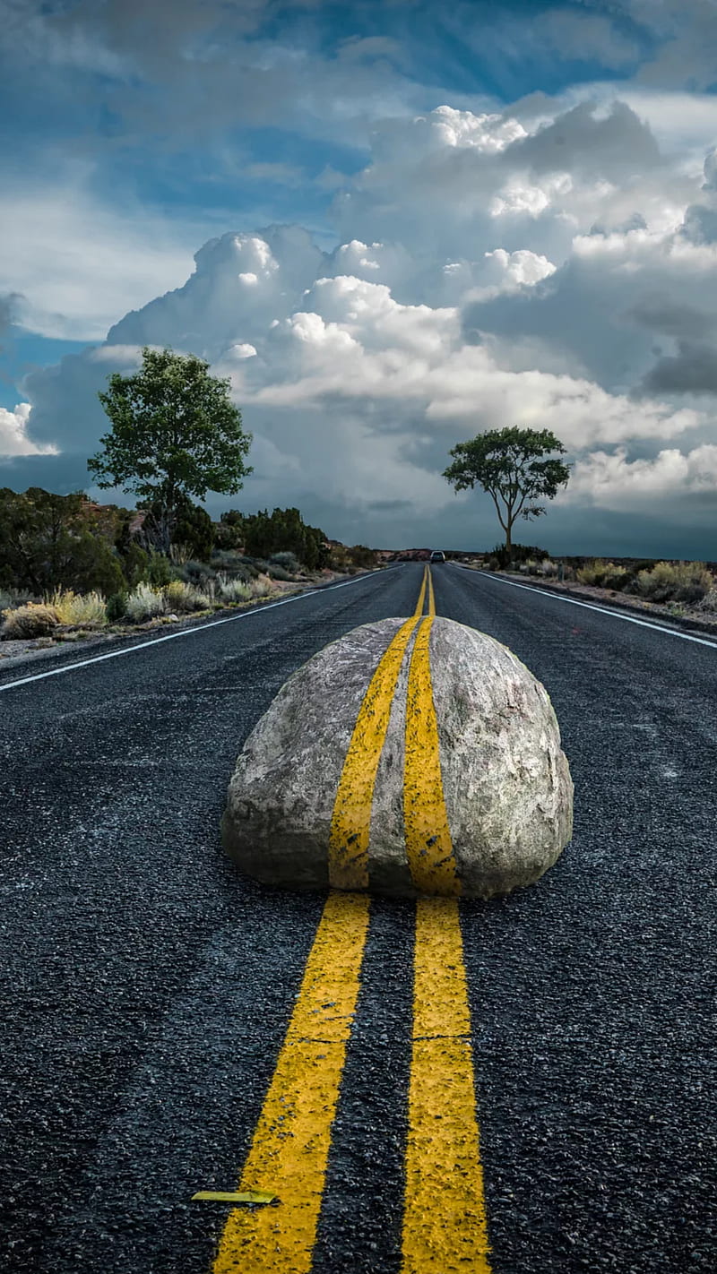 Huge stone, road, highway, roads, trees, asphalt, yellow, lines, HD phone wallpaper