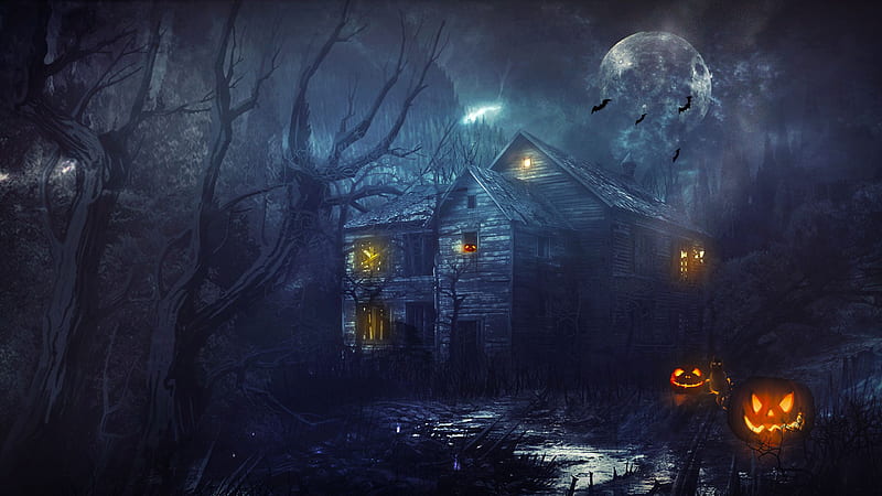 Haunted Mansion During Nighttime With Pumpkin Face Movies, HD wallpaper