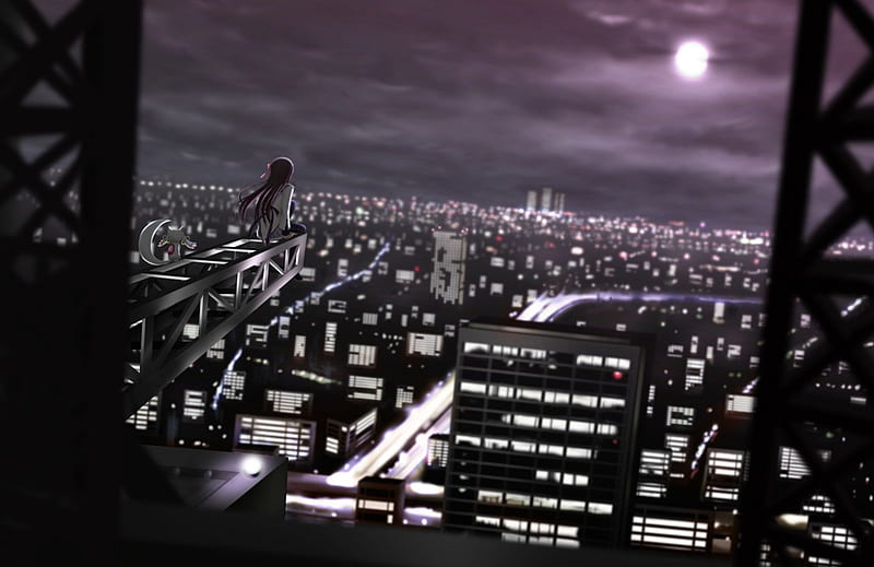 Night watch, moon, girl, anime, buildings, sky, night, HD wallpaper | Peakpx