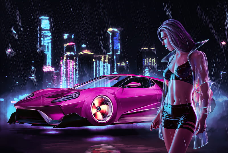 Pink Car Cyberpunk Girl , artist, artwork, cyberpunk, artstation, HD wallpaper