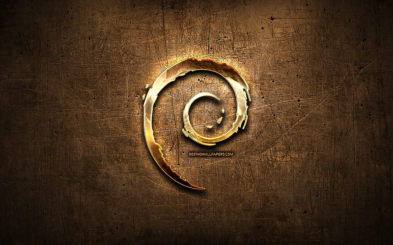 Debian golden logo, Linux, artwork, brown metal background, creative, Debian logo, brands, Debian, HD wallpaper