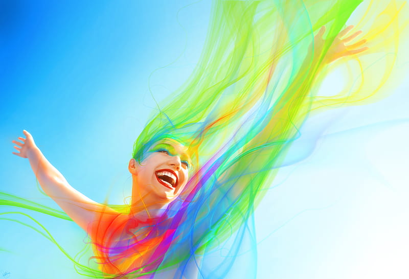 Essence of hapiness, red, colorful, orange, yellow, rainbow, smile, woman, girl, green, purple, hand, blue, HD wallpaper