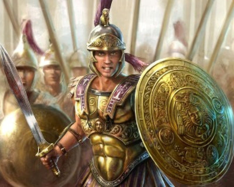 Warrior Of Sparta, fantasy, warrior, medusa, golden, sword, HD wallpaper