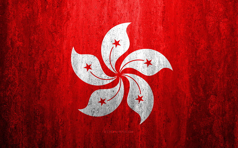 Flag of Hong Kong stone background, grunge flag, Asia, Hong Kong flag, grunge art, national symbols, Hong Kong, stone texture, HD wallpaper
