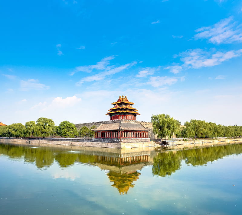 Forbidden City, beijing, china, trees, water, HD wallpaper