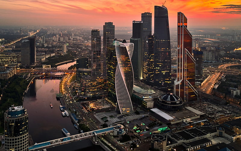 Moscow City, sunset, modern buildings, cityscapes, Russia, skyscrapers, Moscow, HD wallpaper