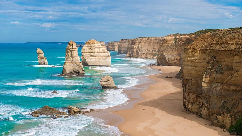 The Great Ocean Road’s 12 Apostles in Princetown, Victoria, Australia, coast, sky, rocks, beach, clouds, HD wallpaper