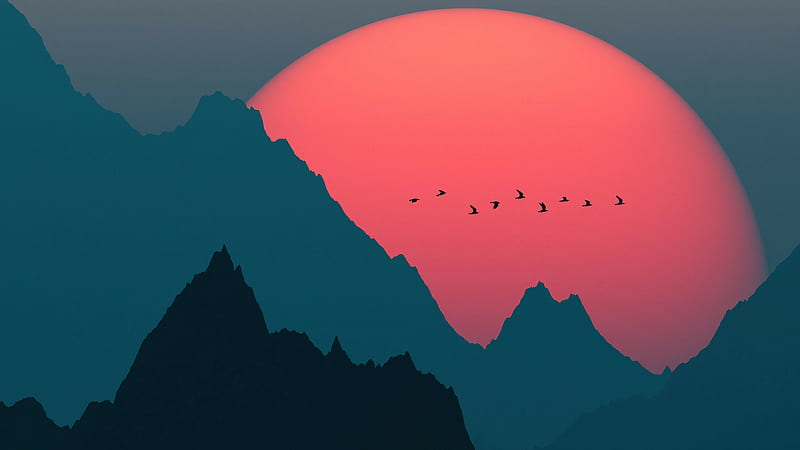 Sunset, mountains and birds, big sun, silhouette, dark, HD wallpaper
