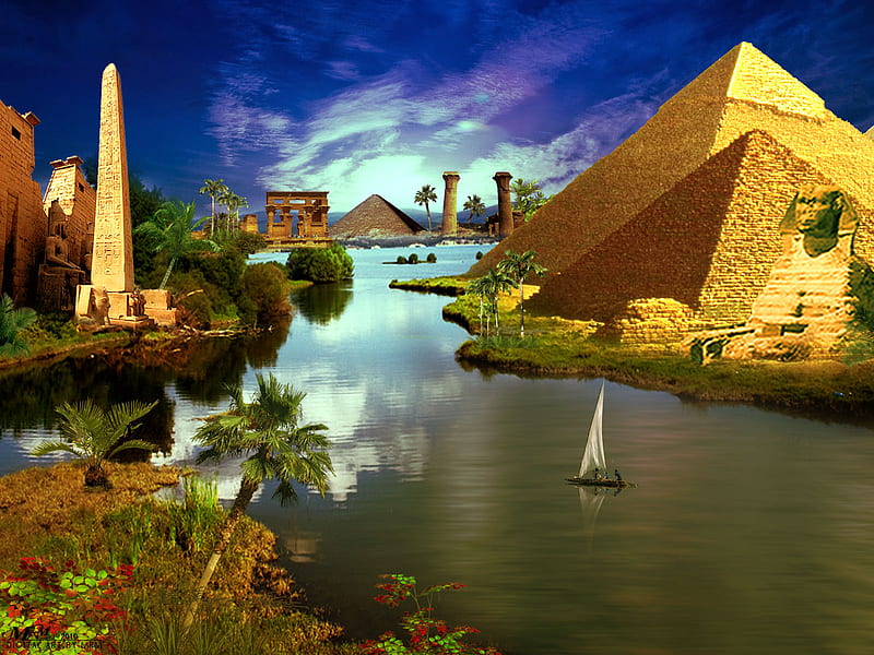 Ancient-Egypt, cloud, sun, grass, trees, pagoda, ship, nature, pyramida, landscape, HD wallpaper
