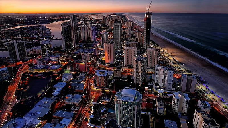 Gold coast, beach, city lights, cityscape, buildings, ocean, sunset, HD wallpaper