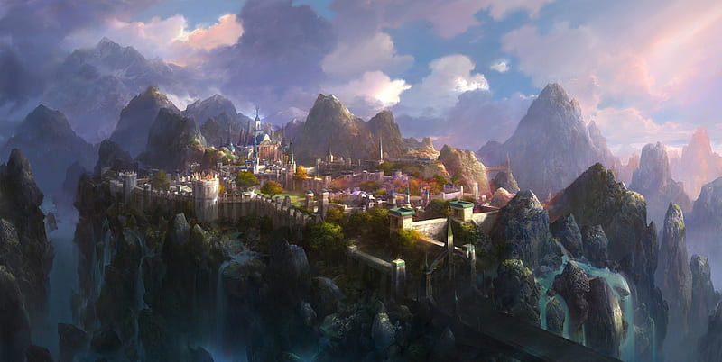 fantasy city, bridge, mountains, blue sky, trees, clouds, waterfalls, HD wallpaper