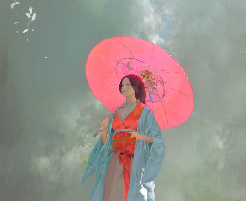 Girl, ruan jia, asian, pink, blue, red, art, luminos, umbrella, kimono, mgirl, fantasy, parasol, HD wallpaper