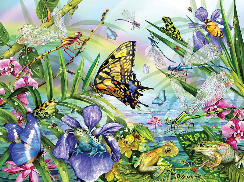 THE DRAGONFLY DANCE, dragonflies, puzzle, butterflies, jigsaw, schory, HD wallpaper