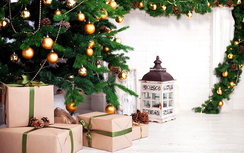 Under the Christmas Tree, lantern, parcels, decoration, gifts, christmas bulbs, HD wallpaper