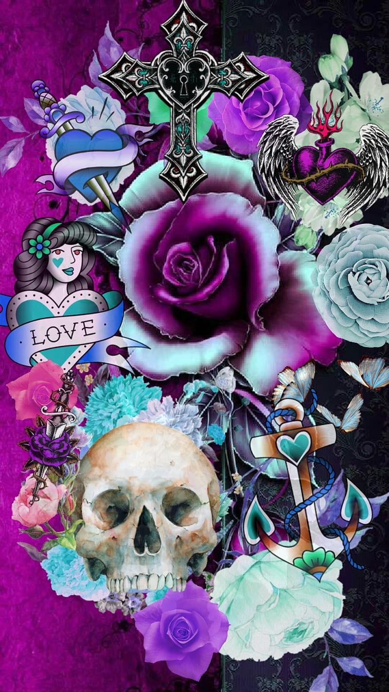 Colored Sugar, colorful, cross, dead, flowers, love, purple, roses, skull, sword, HD phone wallpaper