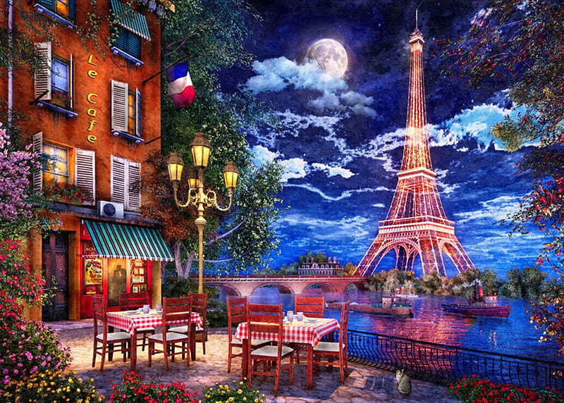 Moonlight in Paris, night, art, dominic davison, moon, paris, moon, france, seine, tower, painting, eiffel, pink, pictura, blue, HD wallpaper