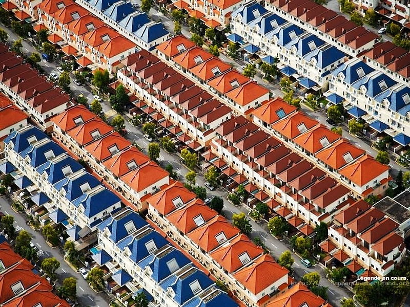 Little boxes, red, identical, roofs, rows of houses, streets, blue, HD wallpaper