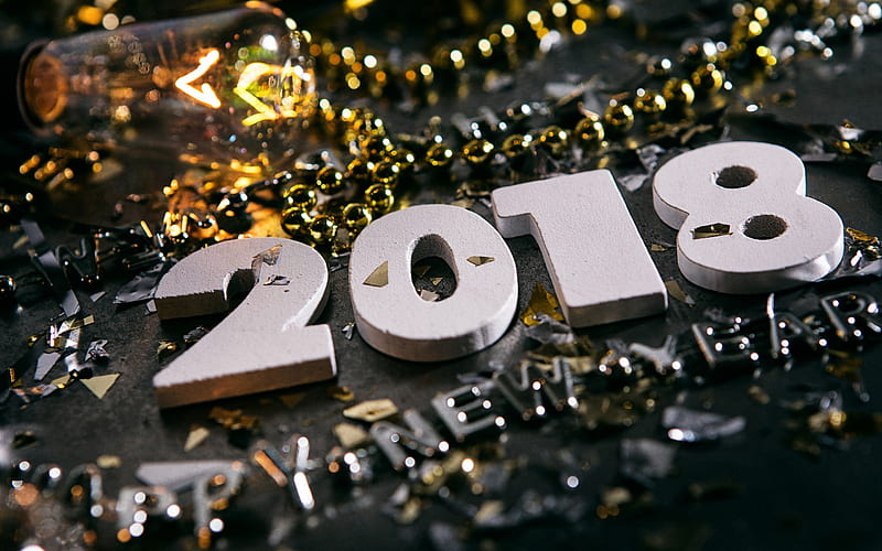 2018 New Year, wooden digits, Happy New Year, golden ribbons, 2018 concepts, HD wallpaper
