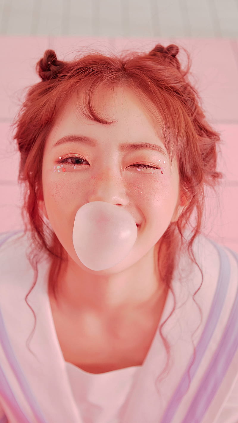 Korean, K-pop, women, bubblegum, bubble, redhead, pink dress, pink clothing, pink, looking at viewer, Asian, cosplay, asian cosplayer, hair knot, smiling, curly hair, graphy, HD phone wallpaper
