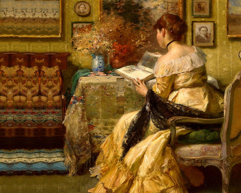 AFTERNOON READING, afternoon, reads, house, book, painting, bonito, room, woman, HD wallpaper