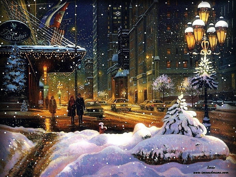 City sidewalks, holiday, christmas, snow, winter, HD wallpaper