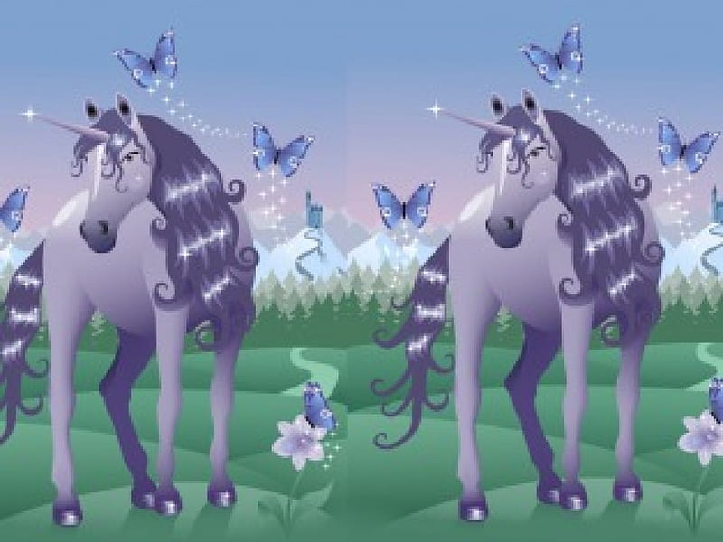 Violete Unicorns with Butterflies in a Fairy Land, butterfly, purple, violete, horn, flowers, unicorns, horse, HD wallpaper