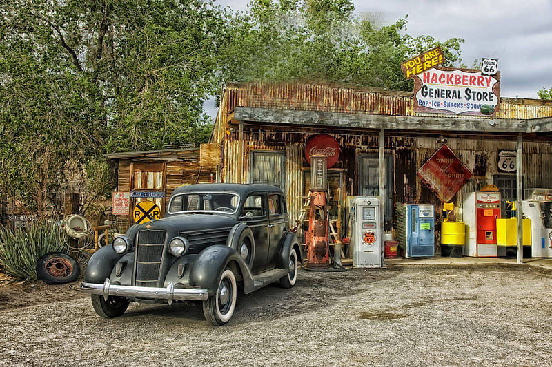 Hackberry General Store - Route 66, hut, graphy, arizona, car, gas pumps, gas station, wheel, petrol, HD wallpaper
