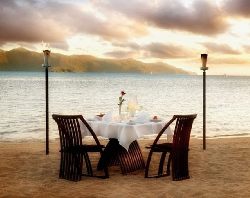 Honeymoon, beach, table for two, sea, HD wallpaper