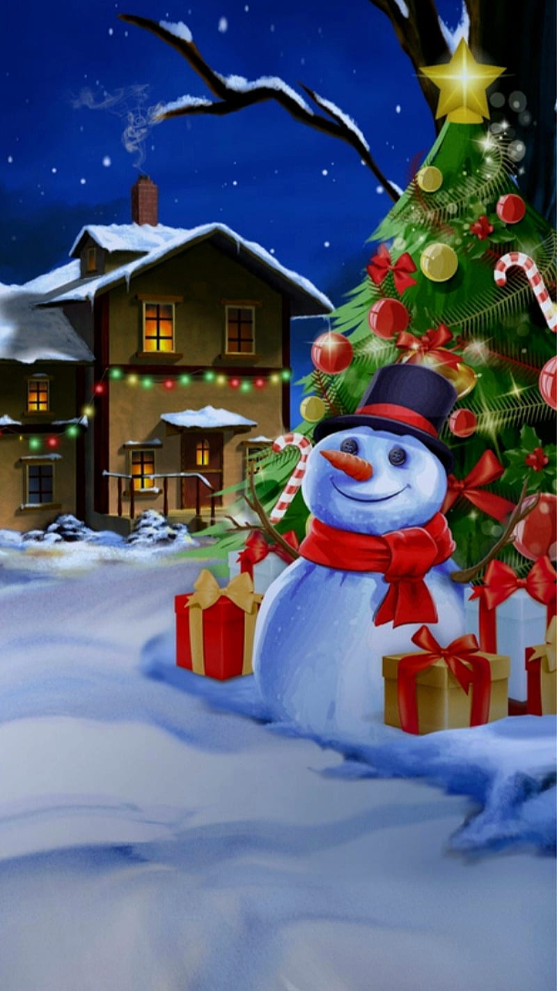 Christmas night, winter, snow, christmas nignt, christmas season, snowman, house, tree, lights, HD phone wallpaper