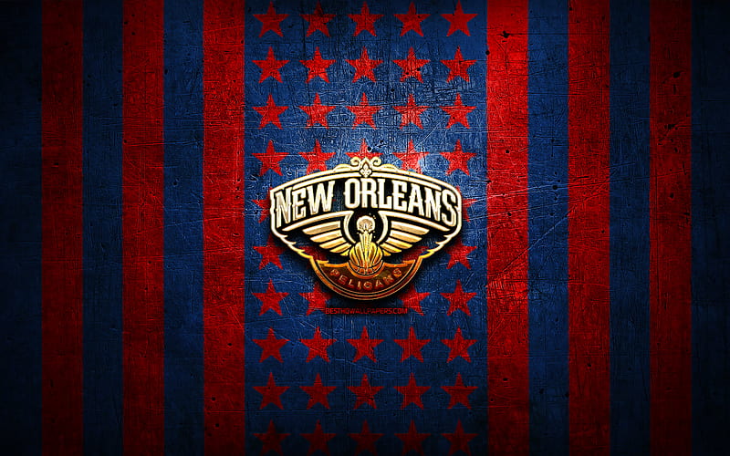 New Orleans Pelicans flag, NBA, blue red metal background, american basketball club, New Orleans Pelicans logo, USA, basketball, golden logo, New Orleans Pelicans, HD wallpaper