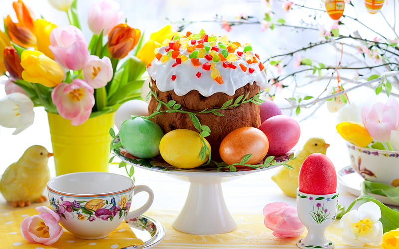 Easter cake, tulip, figurine, colorful, cake, food, yellow, easter, chick, pasti, sweet, dessert, egg, flower, HD wallpaper