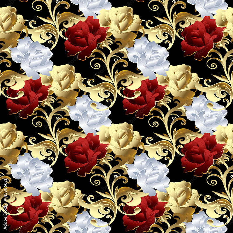 Roses seamless pattern. Floral black backgrounds illustration with vintage red, gold and white 3d roses flowers, swirl leaves, floral damask ornaments.Vector luxury texture for fabric, print Stock Vector, HD phone wallpaper