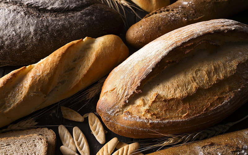 fresh bread, ears of wheat, bread concepts, baked goods, bread, HD wallpaper