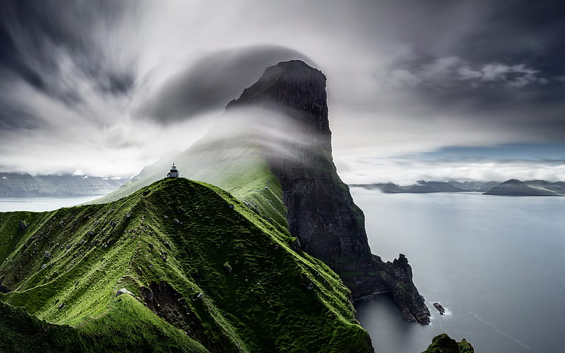 Faroe Islands lighthouse, fog, mountains, coast, Atlantic Ocean, HD wallpaper