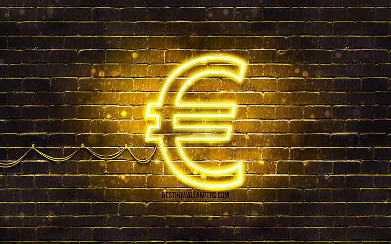 Euro yellow sign yellow brickwall, Euro sign, currency signs, Euro neon sign, Euro, HD wallpaper