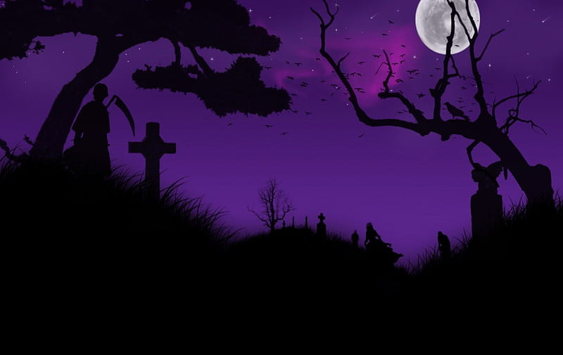 Spooky Night, purple sky, ghost, bats, halloween, full moon, trees, cemetary, HD wallpaper
