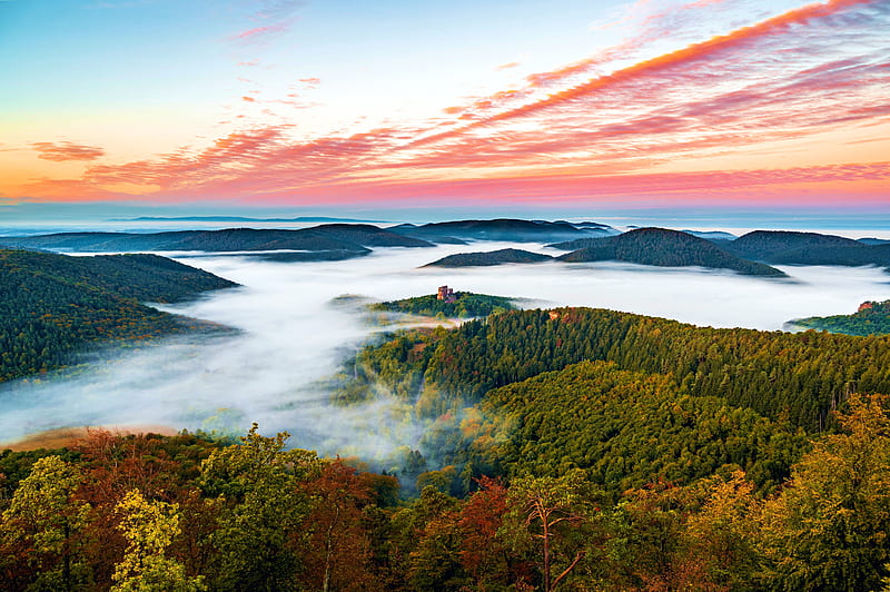 Sandrocks hiding the fog, Palatinate Forest, Germany, autumn, clouds, sky, trees, landscape, HD wallpaper