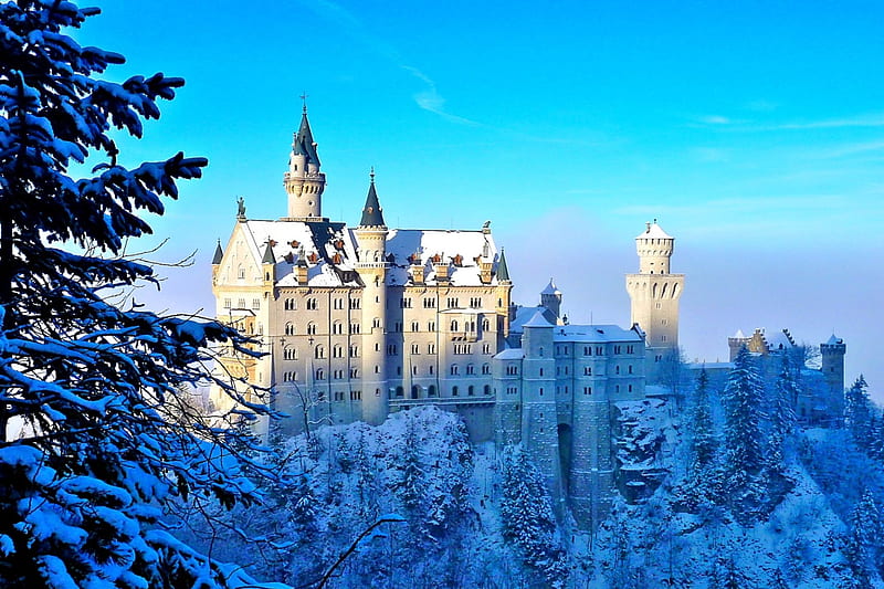 NEUSCHWANSTEIN CASTLE in WINTER, Bavaria, Neuschwanstein, GERMANY, winter, Disney castle, HD wallpaper
