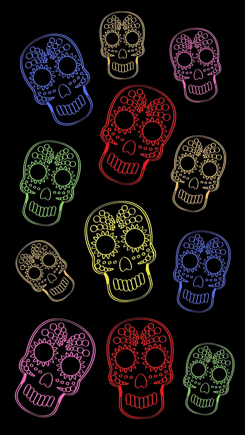 Neon Sugar Skulls, colorful muertos art, culture theme party, day of the dead festival, macabre sugar skull, neon skull , ornament skulls pattern, spooky dark halloween, tattoo illustration, traditional celebration pattern, HD phone wallpaper