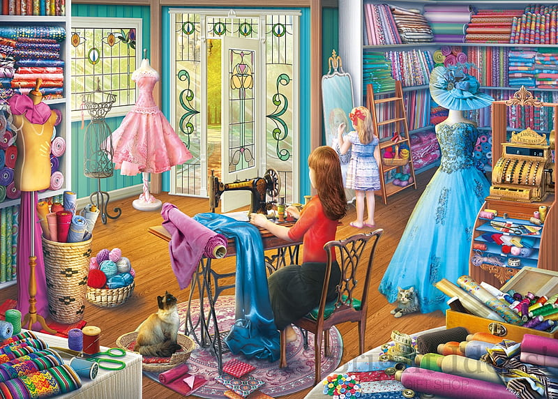 Dressmaker's daughter, girl, dressmaker, painting, cat, pisici, blue, art, dress, hat, stuff, pictura, HD wallpaper