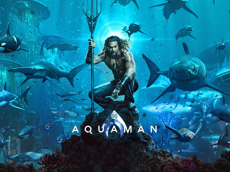 Aquaman:-), marvel, movie, Jason Momoa, comics, man, shark, aquaman, actor, blue, HD wallpaper