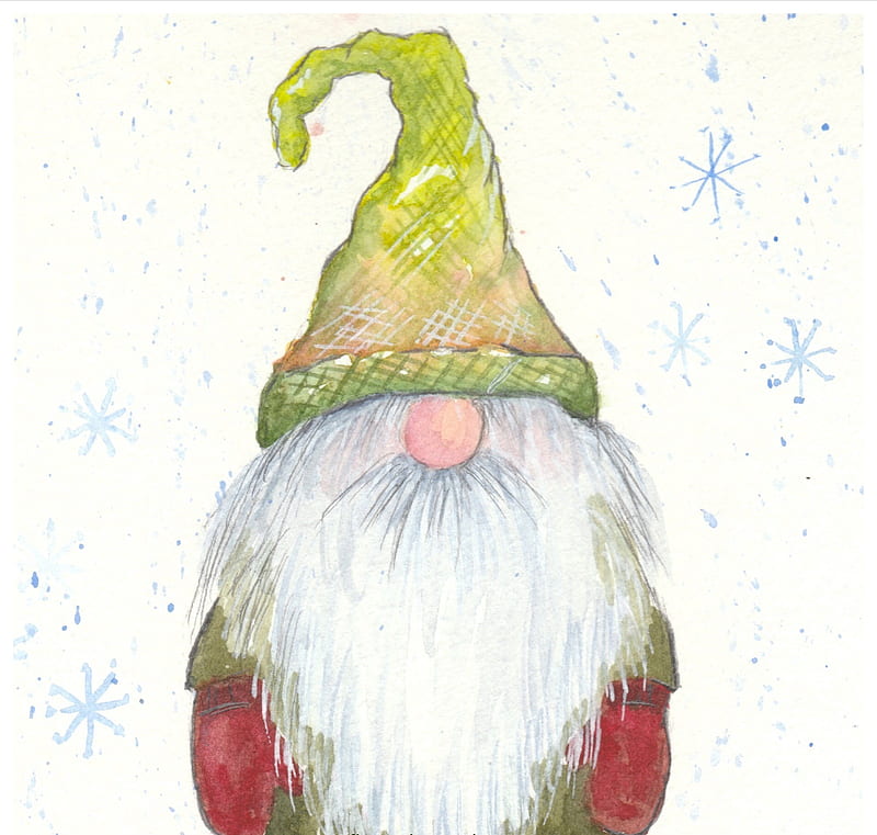 Winter Gnome, christmas, cute, elf, holiday, snowy, watercolor, wintery, wonderland, HD wallpaper